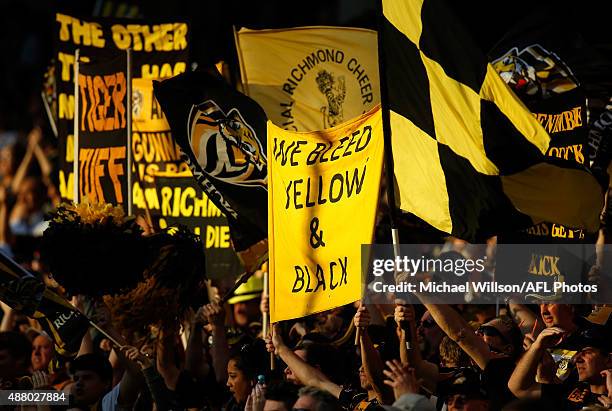 The Tigers cheer squad is seen during the 2015 AFL First Elimination Final match between the Richmond Tigers and the North Melbourne Kangaroos at the...