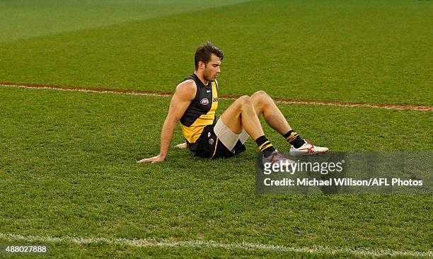 Alex Rance of the Tigers looks dejected after a loss during the 2015 AFL First Elimination Final match between the Richmond Tigers and the North...