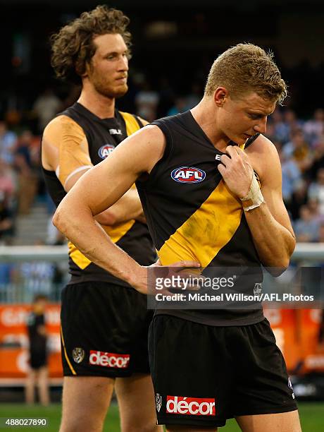 Taylor Hunt of the Tigers looks dejected after a loss during the 2015 AFL First Elimination Final match between the Richmond Tigers and the North...