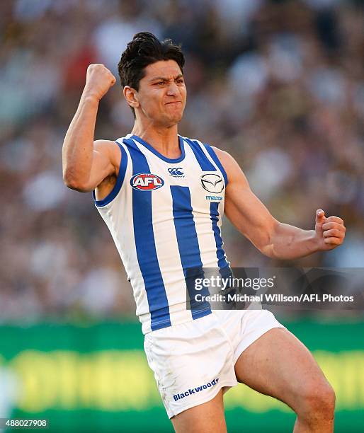 Robin Nahas of the Kangaroos celebrates a goal during the 2015 AFL First Elimination Final match between the Richmond Tigers and the North Melbourne...