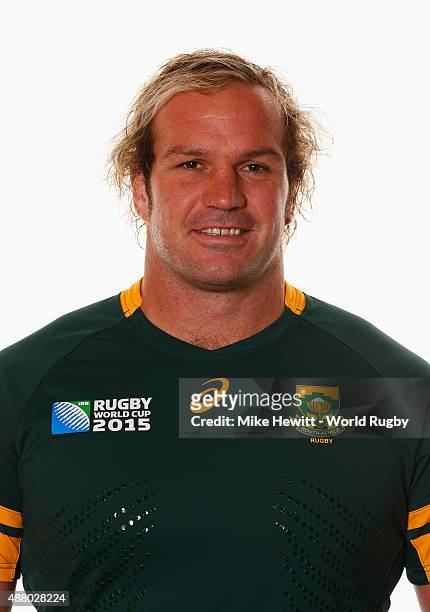 Jannie Du Plessis of South Africa poses for a portrait during the South Africa Rugby World Cup 2015 squad photo call at the Grand Hotel on September...