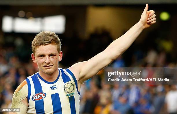 Jack Ziebell of the Kangaroos thanks fans after the 2015 AFL First Elimination Final match between the Richmond Tigers and the North Melbourne...