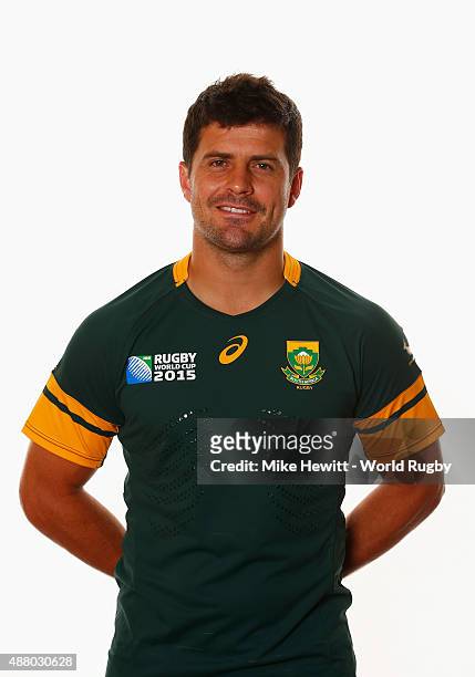 Morne Steyn of South Africa poses for a portrait during the South Africa Rugby World Cup 2015 squad photo call at the Grand Hotel on September 13,...