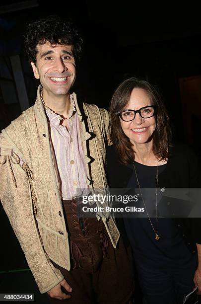John Ciriani and Sally Field pose backstage at the hit musical "Something Rotten" on Broadway at The St. James Theater on September 12, 2015 in New...