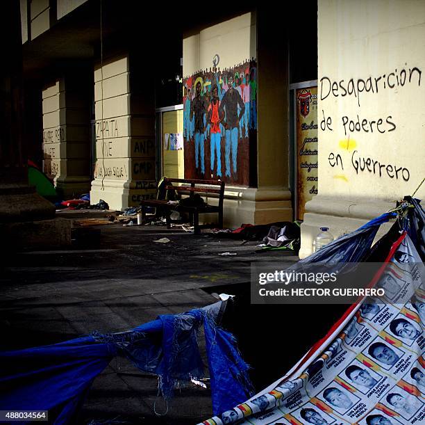 View inside the camp mounted by teachers and students with an inscription on the wall which reads "Disappearance of Powers in Guerrero" at the main...