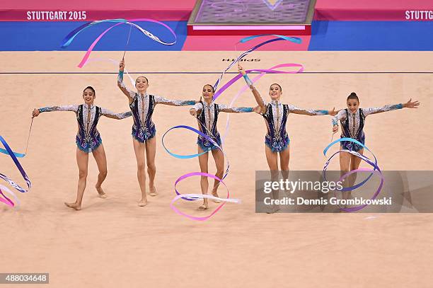 Diana Borisova, Anastasiia Maksimova, Sofya Skomorokh, Anastasiia Tatareva and Maria Tolkacheva of Russia compete in the Group Apparatus Finals on...