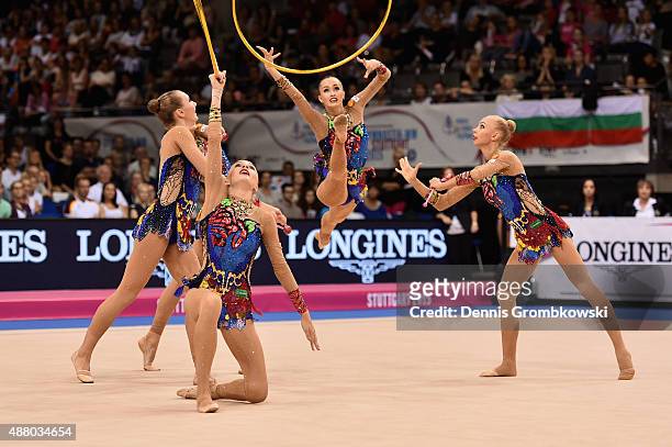 Daria Kleshcheva, Anastasiia Maksimova, Sofya Skomorokh, Anastasiia Tatareva and Maria Tolkacheva of Russia compete in the Group Apparatus Finals on...