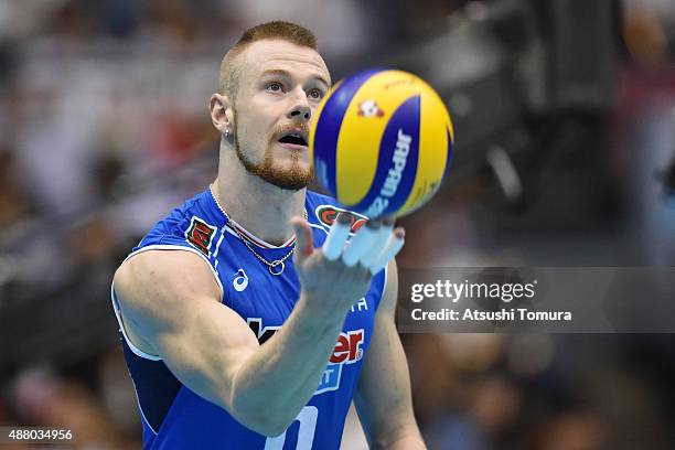 Ivan Zaytsev of Italy serves in the match between Italy and Japan during the FIVB Men's Volleyball World Cup Japan 2015 at the Hiroshima Green Arena...