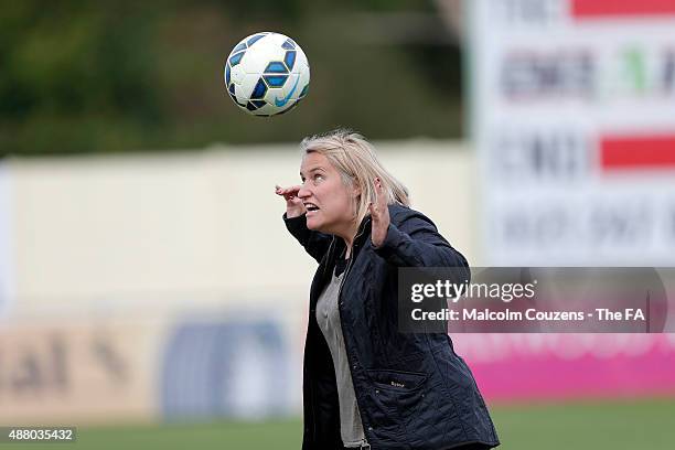 Chelsea manager Emma Hayes plays with a football during the FA WSL Continental Tyres Cup 1/4 Final between Birmingham City Ladies and Chelsea Ladies...