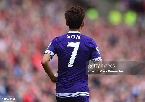 Rear view of Son Heung-Min of Tottenham Hotspur during the Barclays Premier League match between Sunderland and Tottenham Hotspur at the Stadium of...