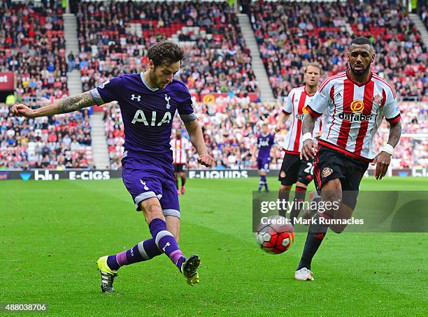 Ryan Mason of Tottenham Hotspur takes on Yann M'vila of Sunderland during the Barclays Premier League match between Sunderland AFC and Tottenham...