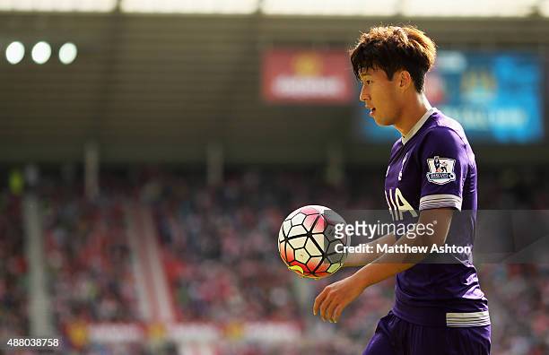 Son Heung-Min of Tottenham Hotspur carries the match ball during the Barclays Premier League match between Sunderland and Tottenham Hotspur at the...
