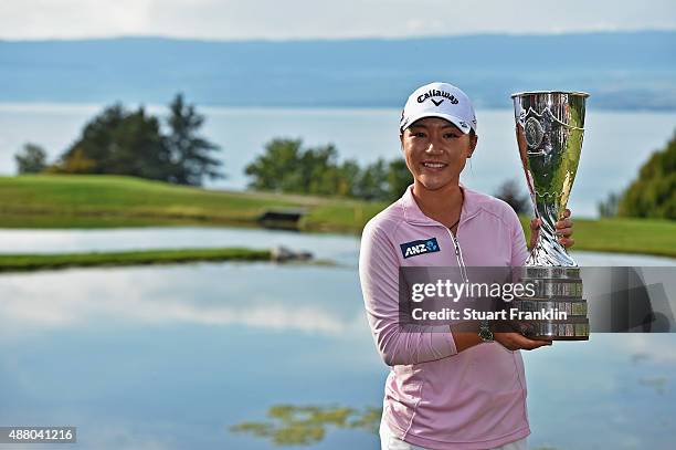 Lydia Ko of New Zealand holds the trophy after winning the Evian Championship Golf on September 13, 2015 in Evian-les-Bains, France.