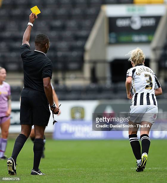 Alex Greenwood of Notts Ladies County FC turns her back on the ref after receiving a yellow card during the FA WSL Continental Tyres Cup Quarter...