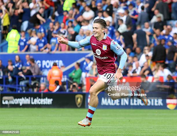 Jack Grealish of Aston Villa celebrates after scoring to make it 0-1 during the Barclays Premier League match between Leicester City and Aston Villa...
