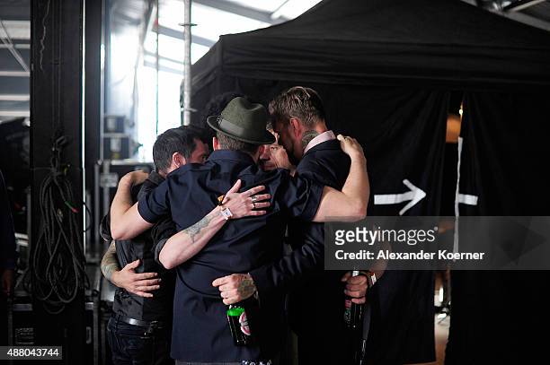 The band Beatsteaks prepares to go on stage during the second day of the Lollapalooza Berlin music festival at Tempelhof Airport on September 13,...