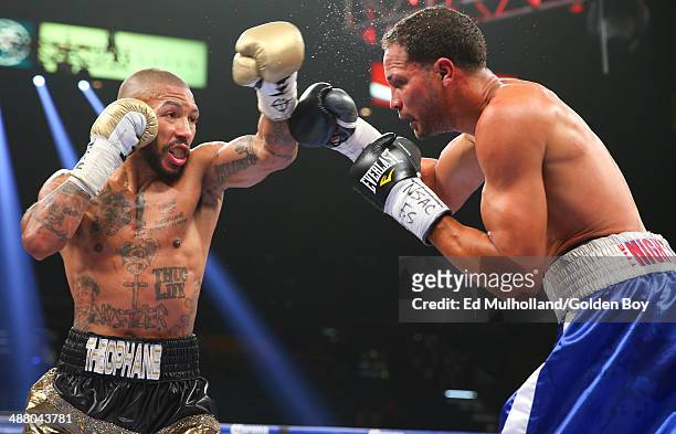 Ashley Theophane throws a left hand to the head of Angino Perez during their welterweight fight at the MGM Grand Garden Arena on May 3, 2014 in Las...
