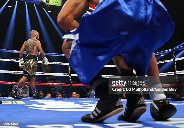 Ashley Theophane knocks down Angino Perez during their welterweight fight at the MGM Grand Garden Arena on May 3, 2014 in Las Vegas, Nevada.