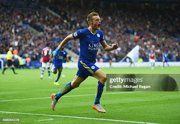 Jamie Vardy of Leicester City celebrates as he scores their second and equalising goal during the Barclays Premier League match between Leicester...