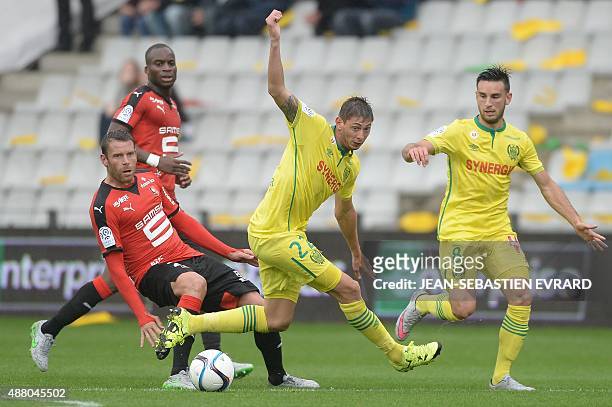 Nantes' Argentinian forward Emiliano Sala vies with Rennes' French defender Sylvain Armand during the French L1 football match between Nantes and...