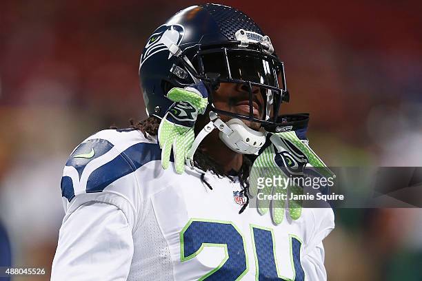 Marshawn Lynch of the Seattle Seahawks warms up prior to a game against the St. Louis Rams at the Edward Jones Dome on September 13, 2015 in St....