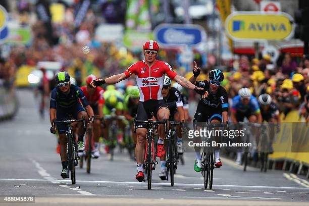 Andre Greipel of Germany and Lotto-Soudal claims victory on the finish line of stage eight of the Tour of Britain, an 86.8km stage around central...