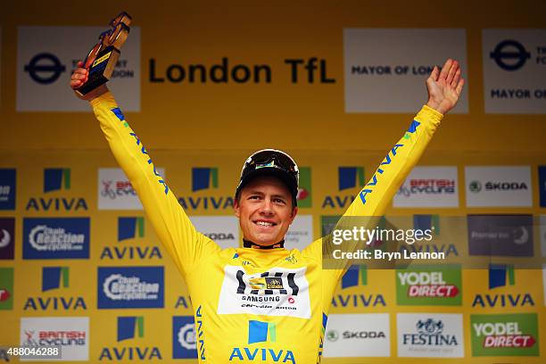 Edvald Boasson Hagen of Norway and MTN-Qhubeka stands on teh podium after wininng the 2015 Tour of Britain, an 86.8km stage around central London, on...