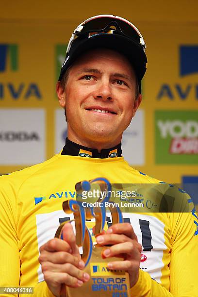 Edvald Boasson Hagen of Norway and MTN-Qhubeka stands on teh podium after wininng the 2015 Tour of Britain, an 86.8km stage around central London, on...