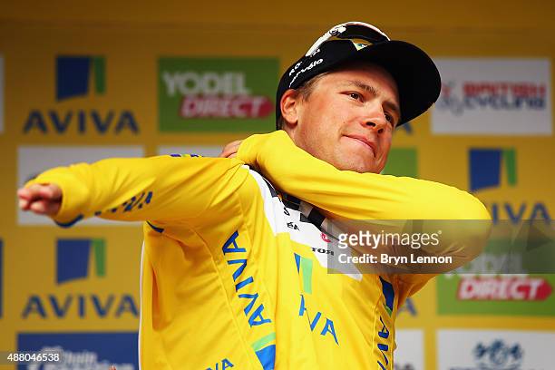 Edvald Boasson Hagen of Norway and MTN-Qhubeka stands on teh podium after wininng the 2015 Tour of Britain, an 86.8km stage around central London, on...