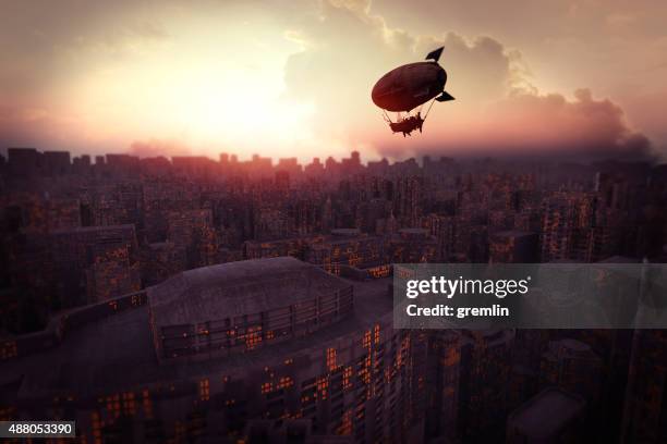 futuristic cityscape at sunset with steampunk airship - steampunk stock pictures, royalty-free photos & images