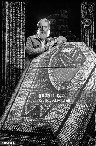 Artist and Writer Edward Gorey photographed in September 1977 on the set he designed for the Broadway production of Dracula, for which he won a Tony...
