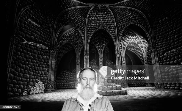 Artist and Writer Edward Gorey photographed in September 1977 on the set he designed for the Broadway production of Dracula, for which he won a Tony...