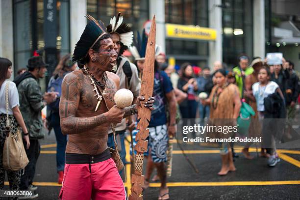 indigenous protest - brazilian headdress stock pictures, royalty-free photos & images