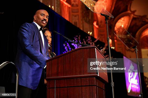 Steve and Marjorie Harvey speak on stage at the 2014 Steve & Marjorie Harvey Foundation Gala presented by Coca-Cola at the Hilton Chicago on May 3,...