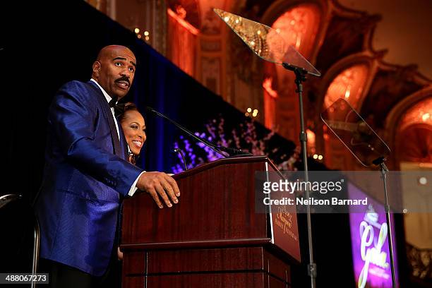 Steve and Marjorie Harvey speak on stage at the 2014 Steve & Marjorie Harvey Foundation Gala presented by Coca-Cola at the Hilton Chicago on May 3,...