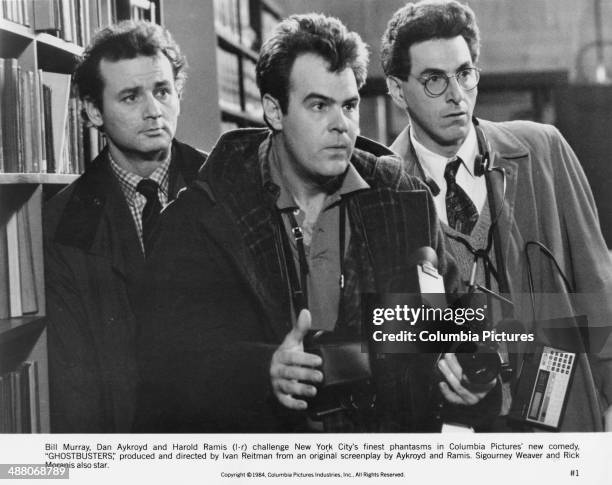 Bill Murray, Dan Aykroyd and Harold Ramis as paranormal investigators in Ivan Reitman's 1984 comedy 'Ghostbusters'.