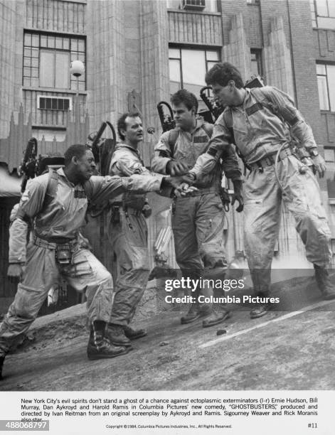 Ernie Hudson, Bill Murray, Dan Aykroyd and Harold Ramis as paranormal investigators in Ivan Reitman's 1984 comedy 'Ghostbusters'.