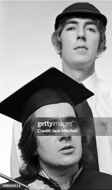 British comedic duo Dudley Moore and Peter Cook on Broadway during the tour of their show 'Good Evening', October 1973.