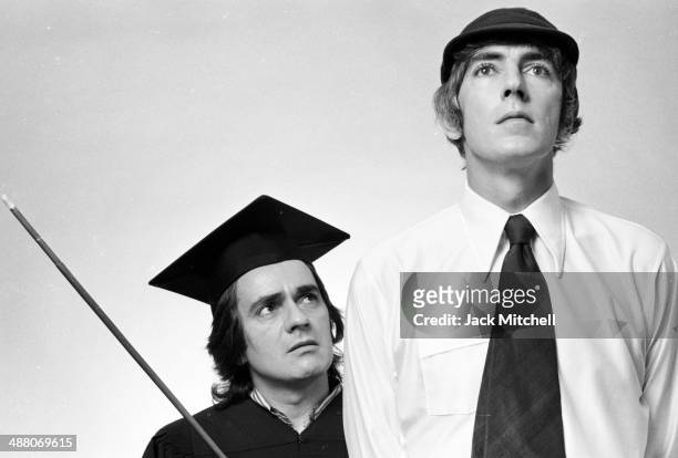 British comedic duo Dudley Moore and Peter Cook on Broadway during the tour of their show 'Good Evening', October 1973.