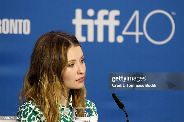 Actress Emily Browning speaks onstage during the "Legend" press conference at the 2015 Toronto International Film Festival at TIFF Bell Lightbox on...