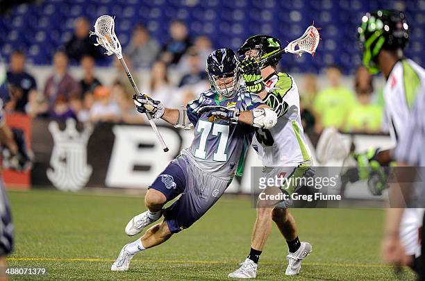 Stephen Peyser of the Chesapeake Bayhawks brings the ball down the field and scores the game winning goal in overtime against the New York Lizards at...