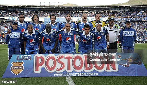 Players of Millonarios pose for a photo before a match between Millonarios FC and La Equidad as part of the second leg of the Liga Postobon 2014 at...