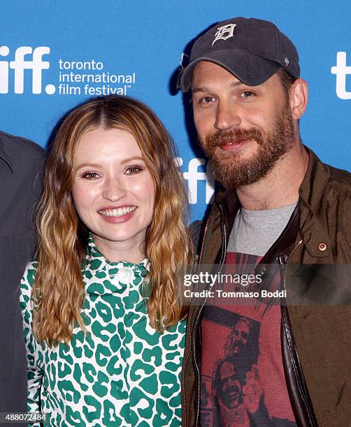 Actress Emily Browning and actor Tom Hardy pose during the "Legend" press conference at the 2015 Toronto International Film Festival at TIFF Bell...