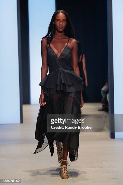 Model walks the runway at the Derek Lam Runway Spring 2016 New York Fashion Week: The Shows at The Gallery, Skylight at Clarkson Sq on September 13,...