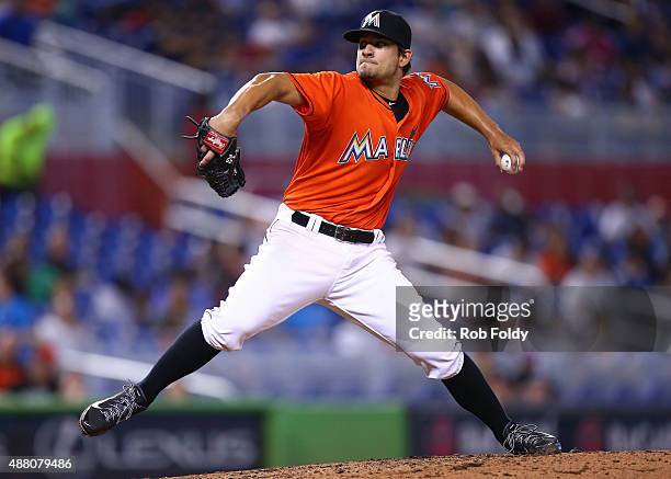 Brad Hand of the Miami Marlins pitches during the game against the Washington Nationals at Marlins Park on September 13, 2015 in Miami, Florida.