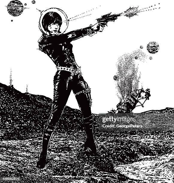 retro-raum frau in combat im weltall - verführerische frau stock-grafiken, -clipart, -cartoons und -symbole