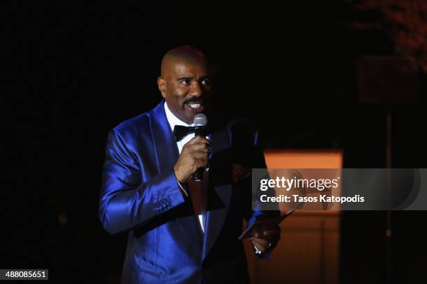 Steve Harvey speaks onstage at the 2014 Steve & Marjorie Harvey Foundation Gala presented by Coca-Cola at the Hilton Chicago on May 3, 2014 in...