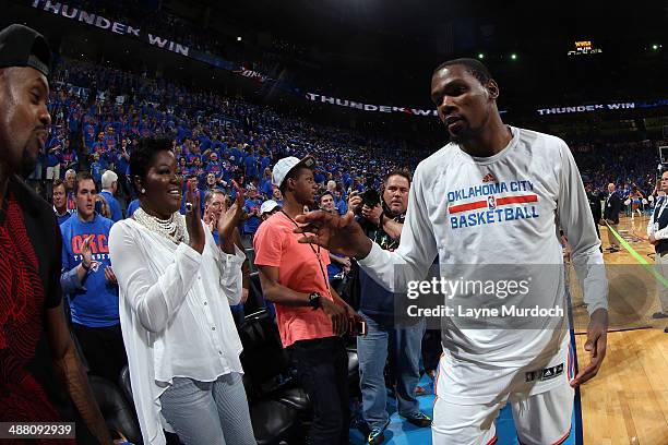 Kevin Durant of the Oklahoma City Thunder celebrates after a game against the Memphis Grizzlies in Game Seven of the Western Conference Quarterfinals...