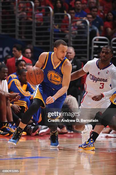 Stephen Curry of the Golden State Warriors drives against the Los Angeles Clippers in Game Seven of the Western Conference Quarterfinals during the...