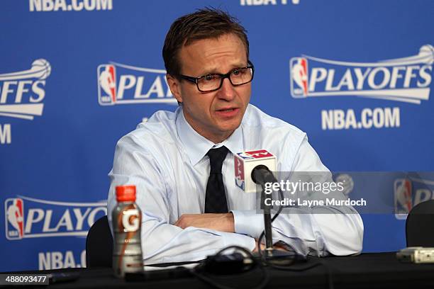 Scott Brooks head coach of the Oklahoma City Thunder speaks at a press conference after winning against the Memphis Grizzlies in Game Seven of the...